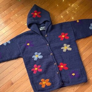 World of Wool Cozy Floral Knit Hooded Cardigan with wooden buttons